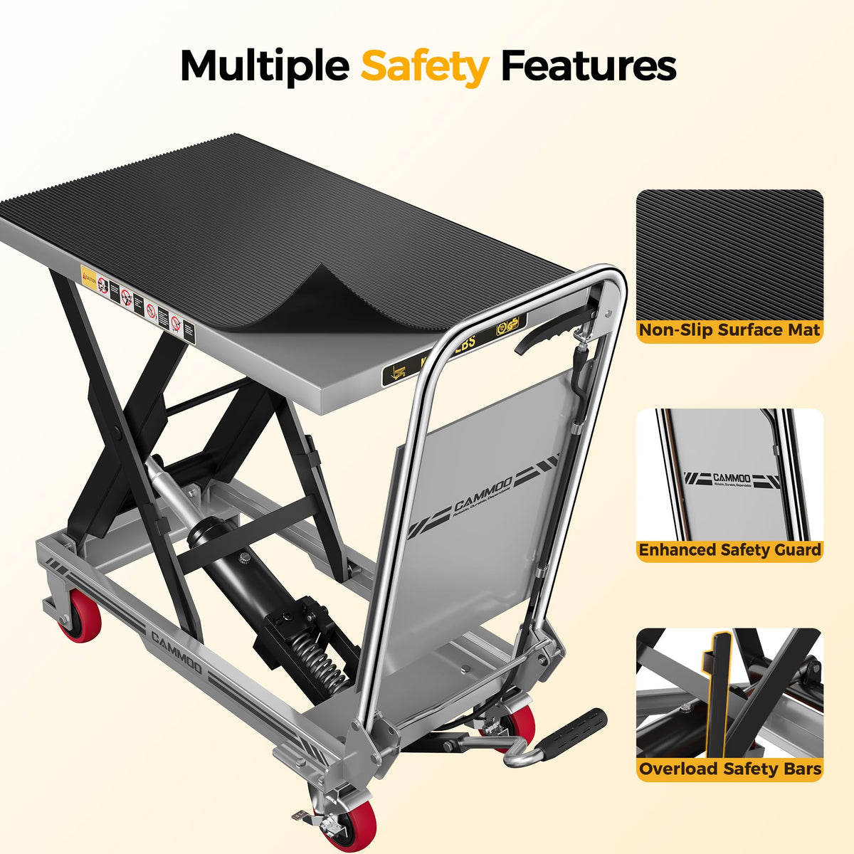 CAMMOO Hydraulic Lift Table Cart, 500lbs Capacity, 28.5" Lifting Height, Single Scissor Lift with Non-Slip Pad & Safety Guard Foldable Handle for Material Handling and Transportation, Gray