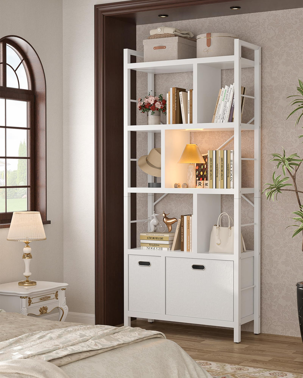 Armocity Bookshelf with Drawers - 5 Tier Tall Bookcase Geometric Modern Book Shelf Display Standing Bookshelves with Storage for Living Room, Bedroom Home Office, White