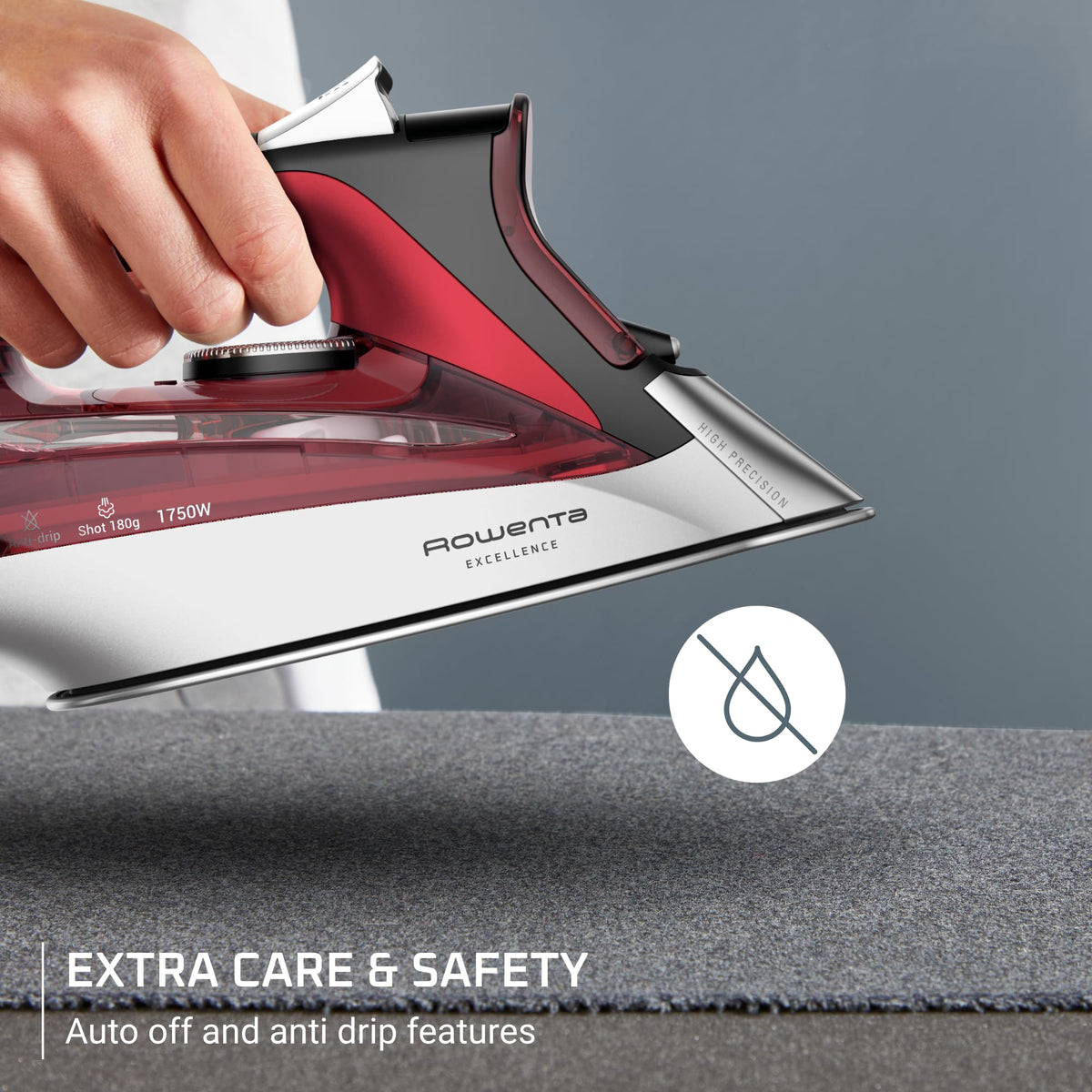 Rowenta Iron, Focus Excellence Stainless Steel Soleplate Steam Iron for Clothes, Retractable Cord, 400+ Microsteam Holes, Powerful steam, LED Display, 1750 W Ironing Clothes, Cordreel, Red DW5433