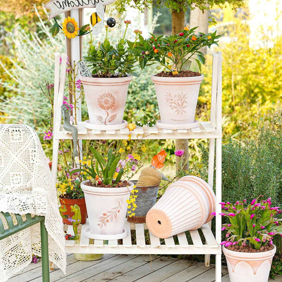 Sungmor Set of 3 Terra Cotta Pots with Saucer & Drainage Hole, 8 Inch Large & Deep Clay Pots, Unique Embossed & Pretty Color Pottery Planters for Plants Orchid Cactus Succulent