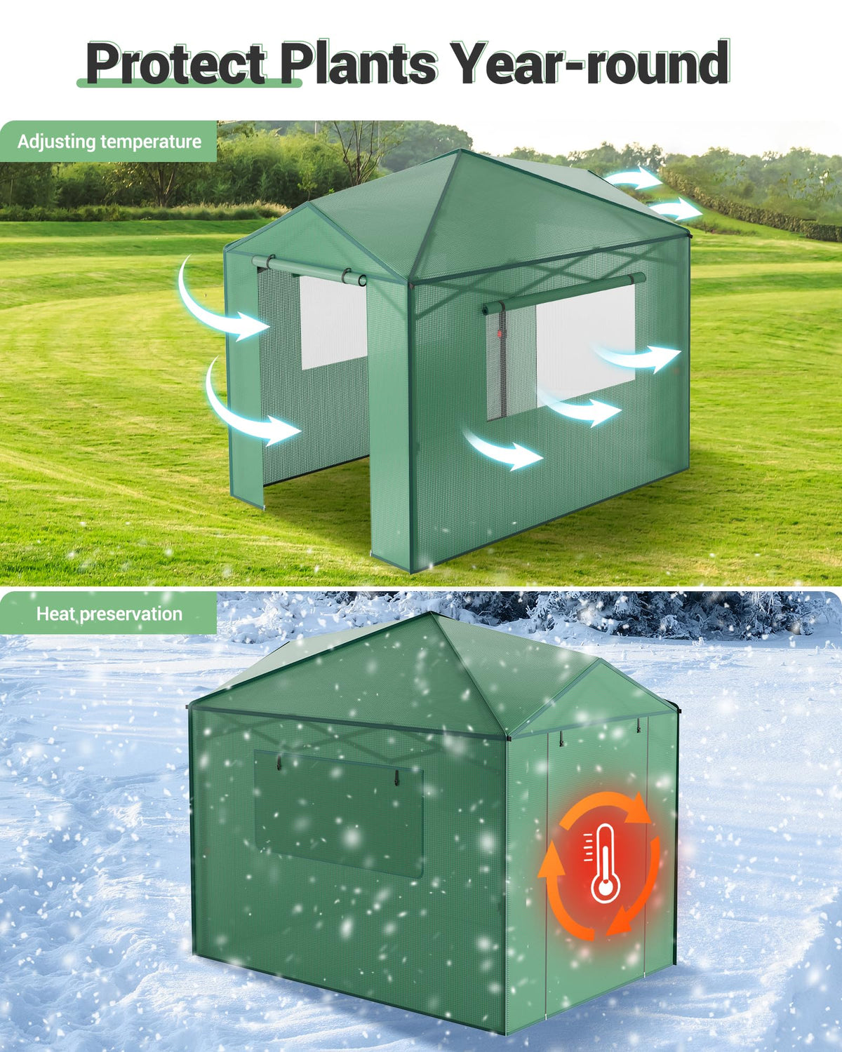 6x8 FT Pop-Up Greenhouse with Durable PE Cover, 96"x72" Large Grow Tent for All Seasons | Features Zippered Doors & Mesh Windows for Indoor/Outdoor Plants, Easy to Assemble (Green)