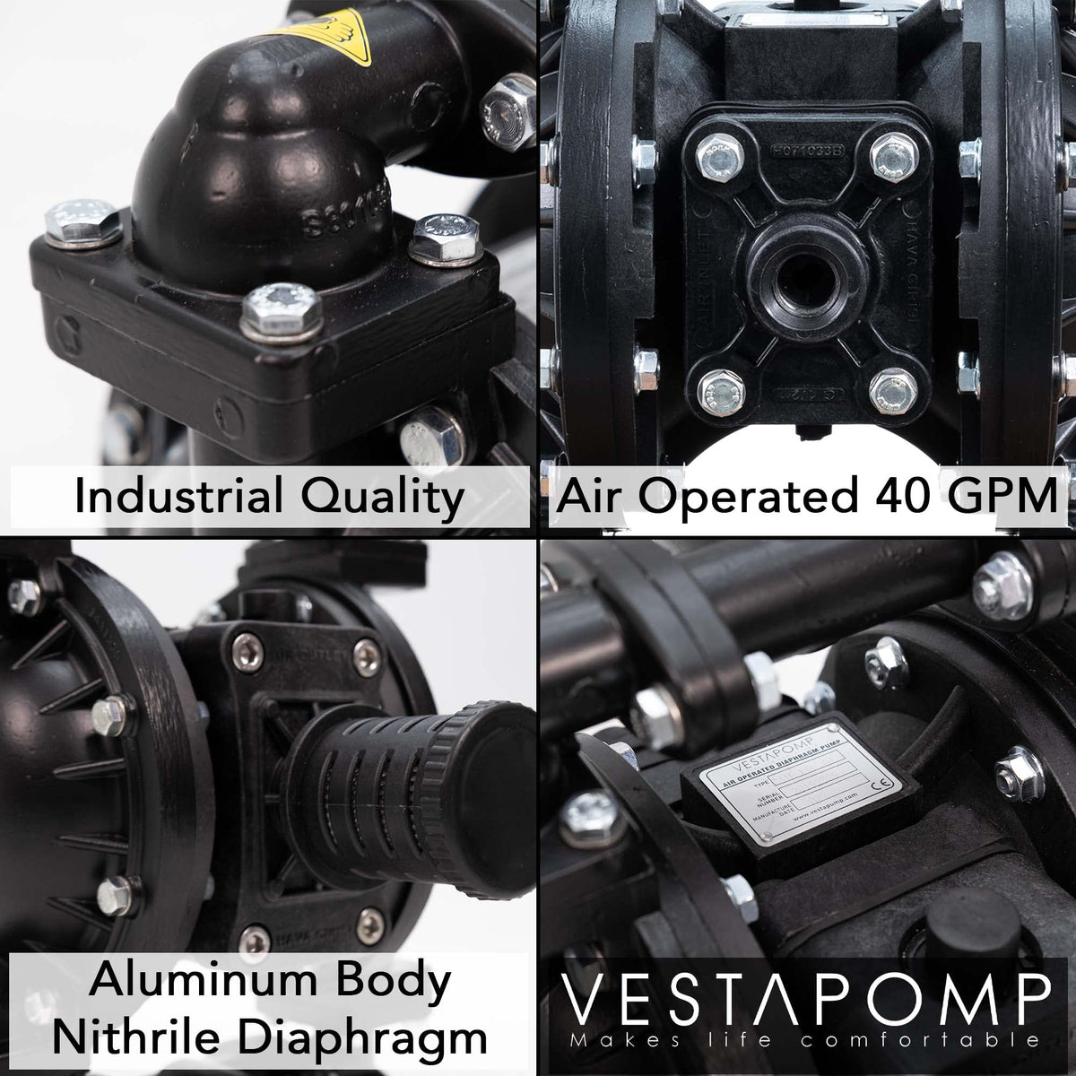 Vestapomp Air Operated Diaphragm Pump - New Version - Diaphragm Pump Air - Waste Oil AODD - Double Pneumatic Transfer (1 inch Discharge, Aluminum Body + Nitrile 40 GPM 100 PSI)