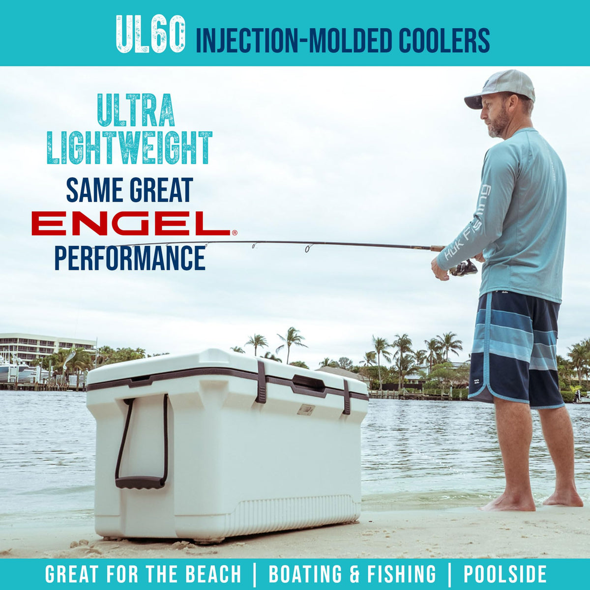 ENGEL 60 QT Ultra-Light Injection Molded Cooler - Ice Chest Keeps Ice up to 7 Days - Large Cooler Includes Wire Basket, Divider and Built-in Bottle Opener - White with Dark Grey Interior (White)