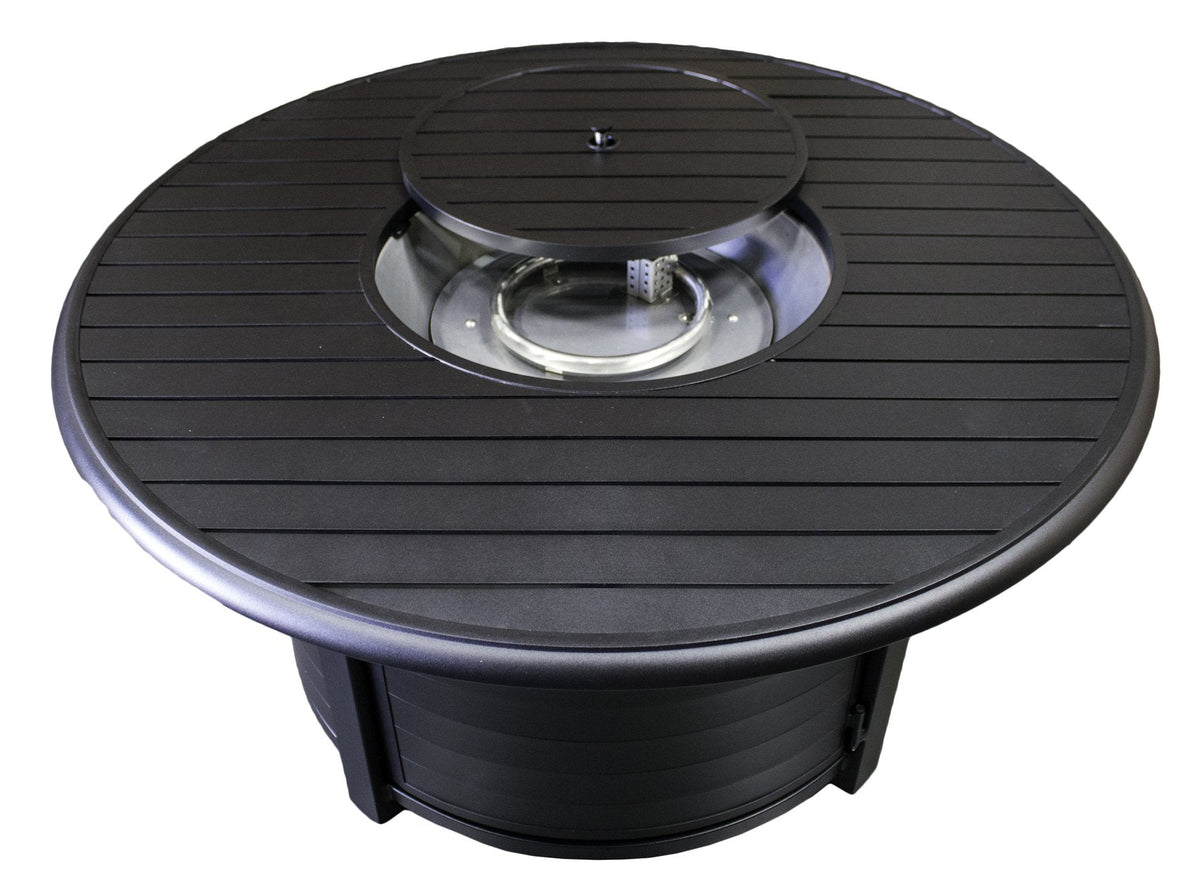 Hiland 48'' Extruded Aluminum Round Slatted Top Propane Fire Pit Table with Lid, Clear Fire Glass, Regulator and Hose, 42,000 BTU, Black