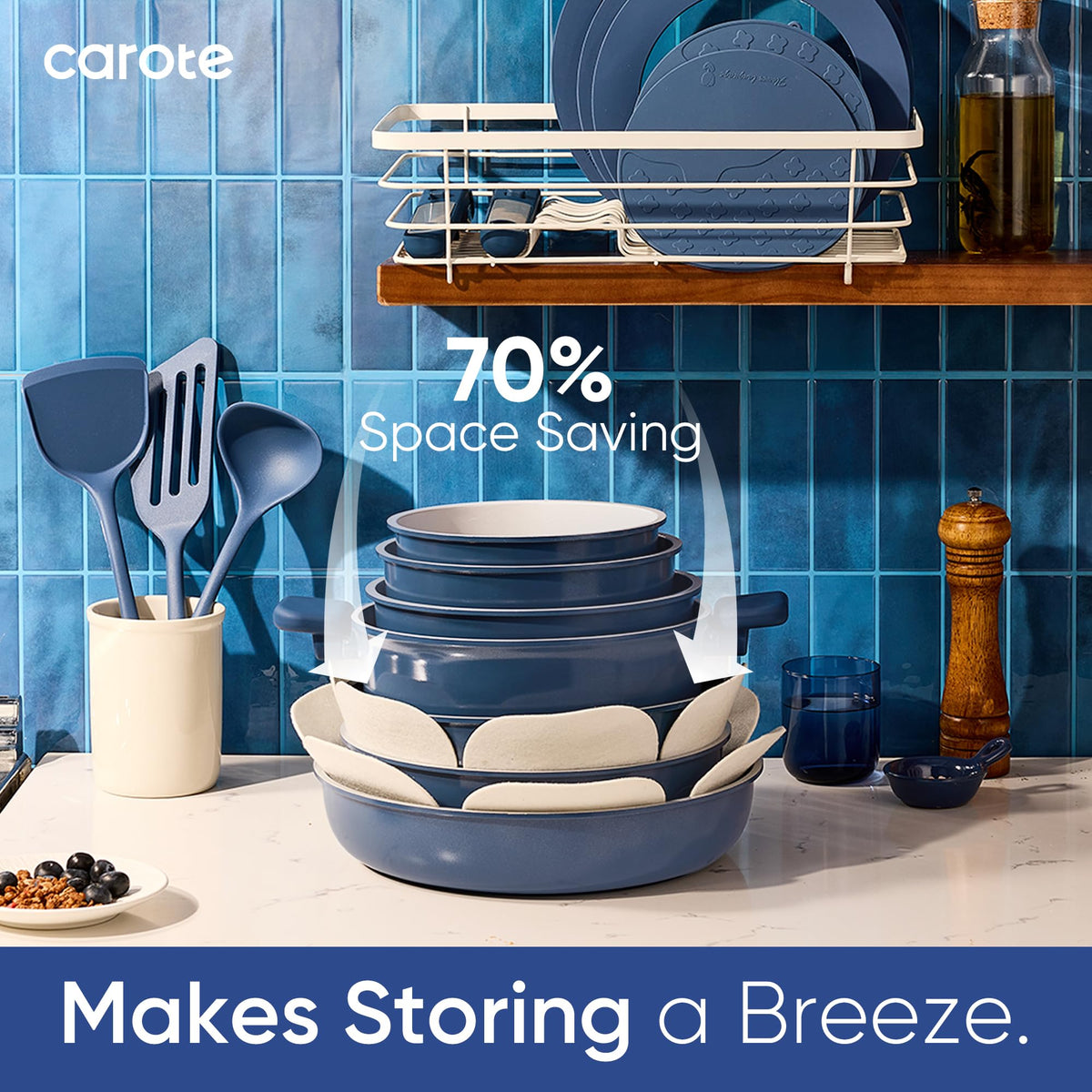 CAROTE 27pcs Ceramic Cookware Set Nonstick, Pots and Pans Set Non Stick, Non Toxic Cookware Detachable Handles, Dishwasher/Oven Safe, RV/Camping Cookware with Kitchen Utensils, Blue