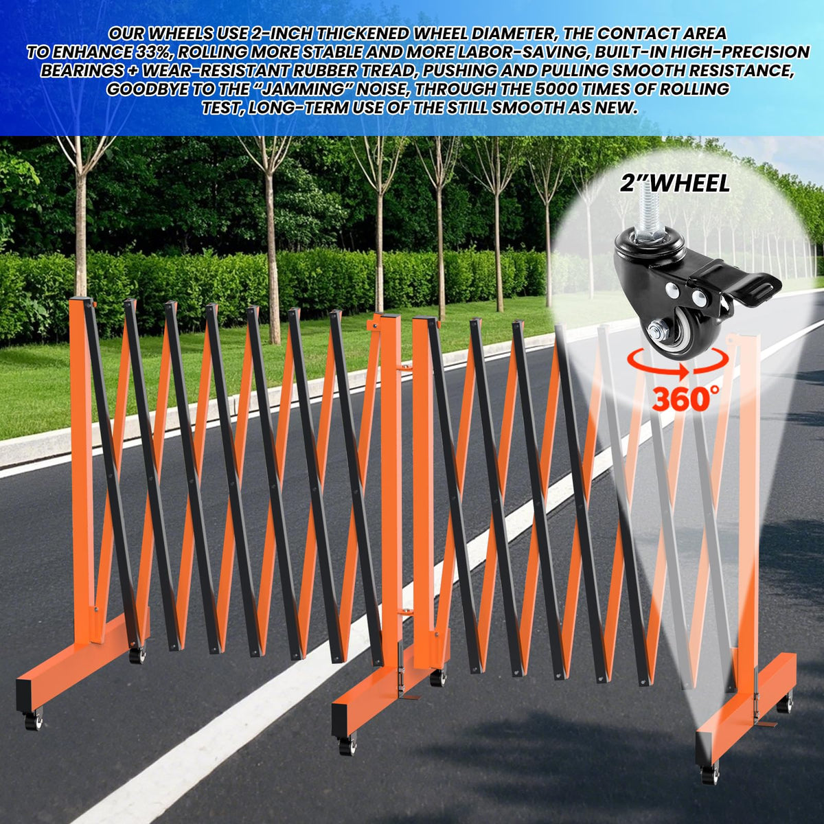 1 Set 16.8FT Industrial Metal Expandable Barricade，Retractable Traffic Fence with Casters, 270° Folding Security Gate, Portable Barricade Gate for Construction Area, Traffic Control, Cordon