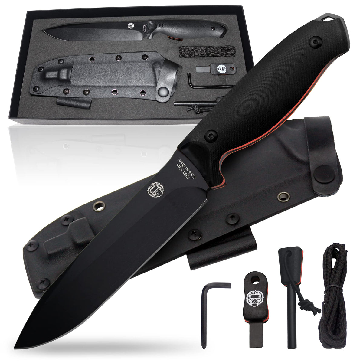 Holtzman's Gorilla Survival Fireline Fixed Blade Survival & Bushcraft Knife with Sheath, Fire Starter, Scraper & Paracord (Orange)