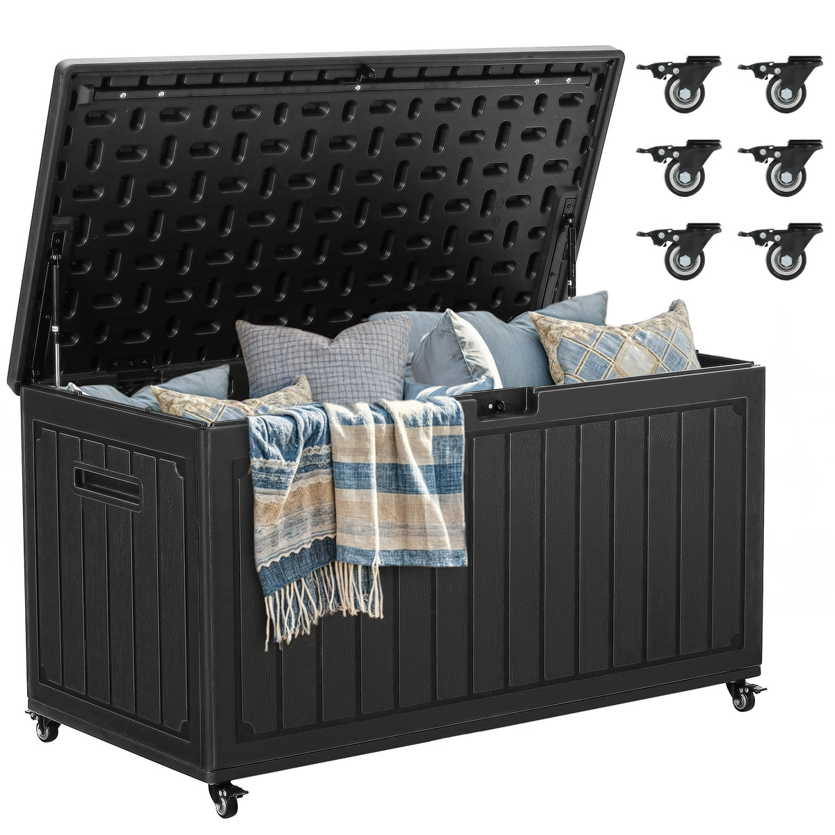 YITAHOME 90 Gallon Outdoor Storage Box with 6 Wheels, Large Double-Wall Resin Deck Box, Lockable Waterproof Outside Storage for Patio Furniture, Cushion, Pool Float, Garden Tool, Black
