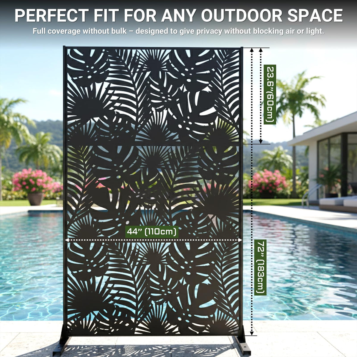 Metal Privacy Screen Outdoor – 72in Decorative Laser Cut Steel Garden Divider Panel with Tropical Leaf Design, Weatherproof Freestanding Modern Privacy Fence for Patio, Deck, Backyard & Balcony