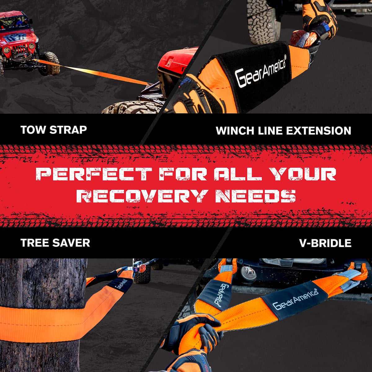GearAmerica Off Road Recovery Kit, 9 Ton, Includes Tow Strap, Tree Saver, Snatch Block Pulley, D-Ring Shackles, Winch Line Dampener Bag, Gloves - Off Road Recovery Gear, 4x4, Orange