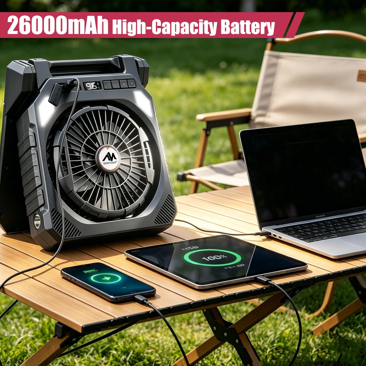 AYAMAYA 2 Pack Camping Fans, 26000mAh Solar Fan with LED Lantern with 180° Oscillation, 4 Speed, 40000mAh Rechargeable Fan for Camping