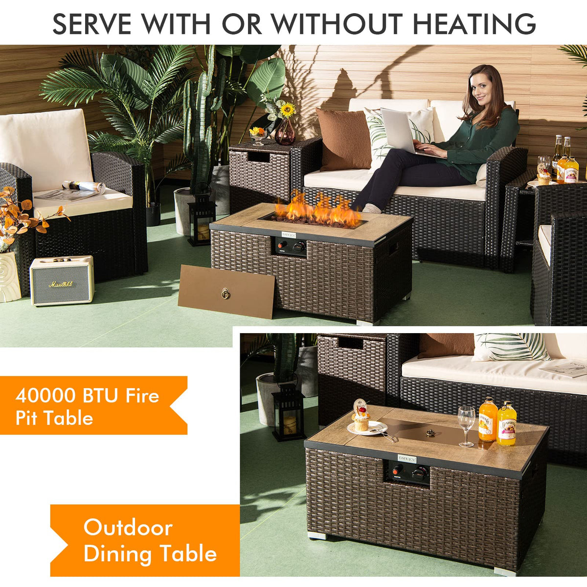 ARLIME Outdoor Propane Fire Pit Table, 40,000 BTU Propane Fire Pit Table with Tank Cover, Waterproof PVC Cover, Free Lava Rocks, Lid, Rectangular Fire Pit Table Set for Outside, Garden, Yard, Brown
