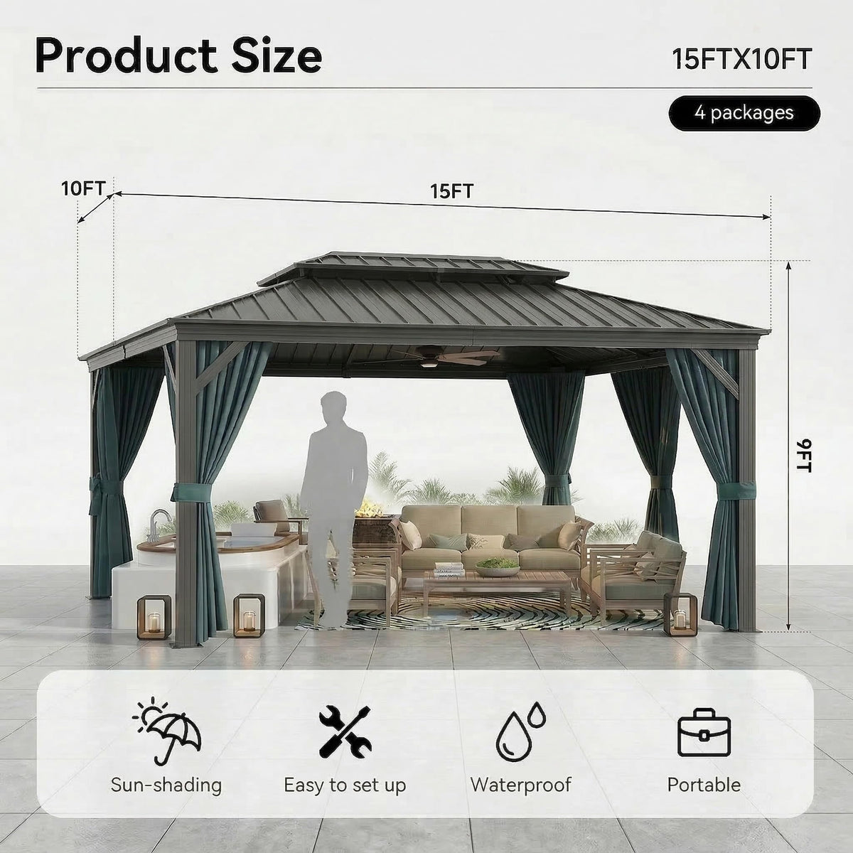 HOTEEL 10x15 Hardtop Gazebo with Flame-Retardant Curtain & Netting, Hot Tub Gazebo with Galvanized Steel Double Roof, Heavy Duty Permanent Pavilion Outdoor for Patio, Frame Thickened, Black(Upgraded)