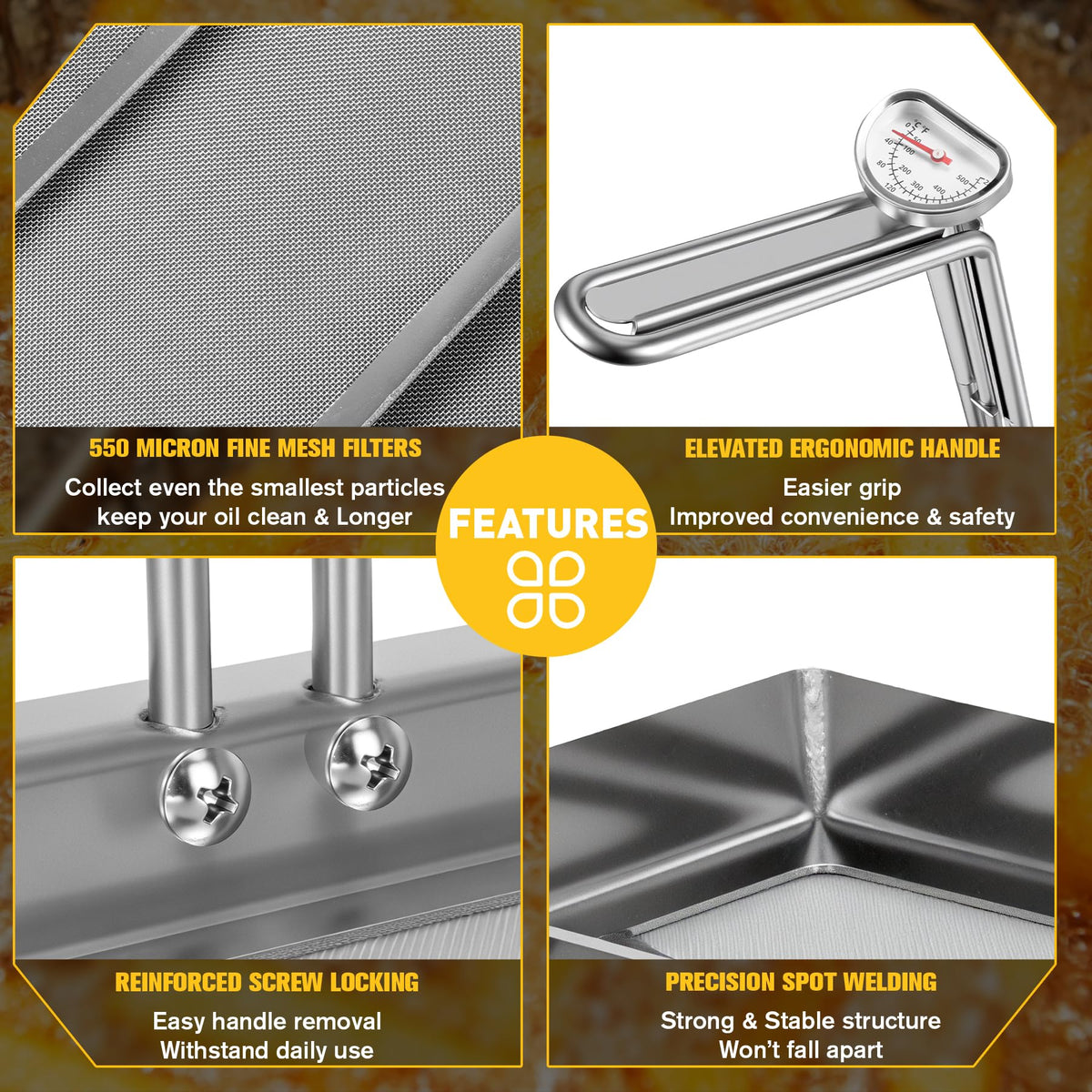 AF45 Commercial Deep Fryer Filter Strainer, 13.75" x 13.75", 304 Stainless Steel, Capture Grease & Debris Above 550 Microns, Extend Oil Life by 40%, Ideal for Commercial Kitchens & Restaurants