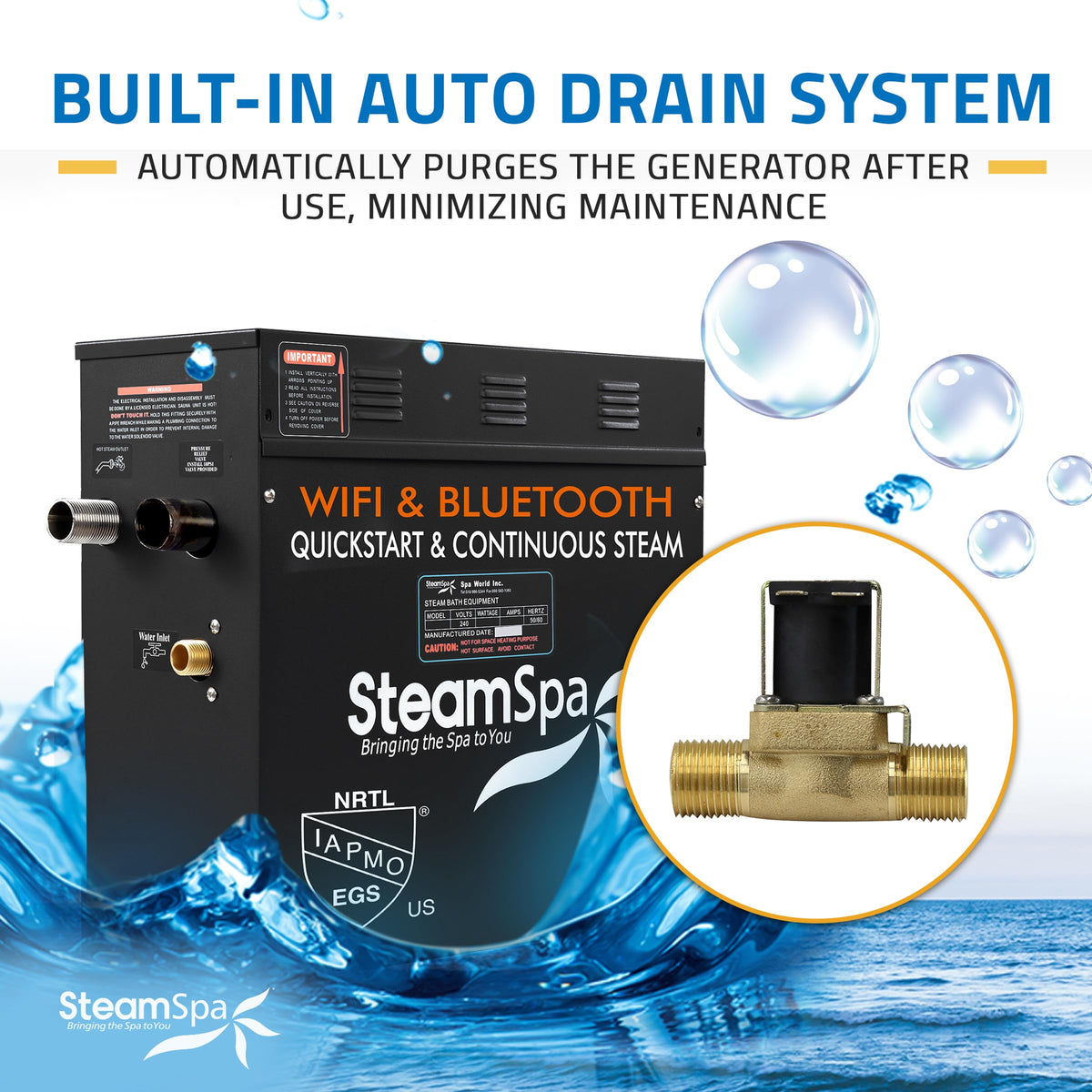 SteamSpa Steam System 12kW Steam Shower Generator with Bluetooth Wifi, Quickstart Continous Steam, Advanced Touch Pad Screen, Chroma Lights, Drain Pan and Auto Drain Brushed Nickel RVBS1200BN-A