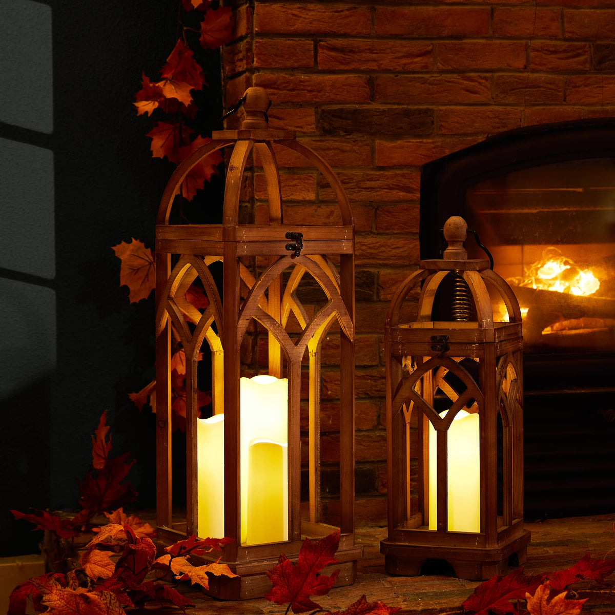 Glitzhome Farmhouse Decorative Lanterns Wooden Candle Lantern Church Window Frame Lanterns for Wedding Mantle Entryway Home Patio Balcony Garden, Pack of 2, Natural, No Glass