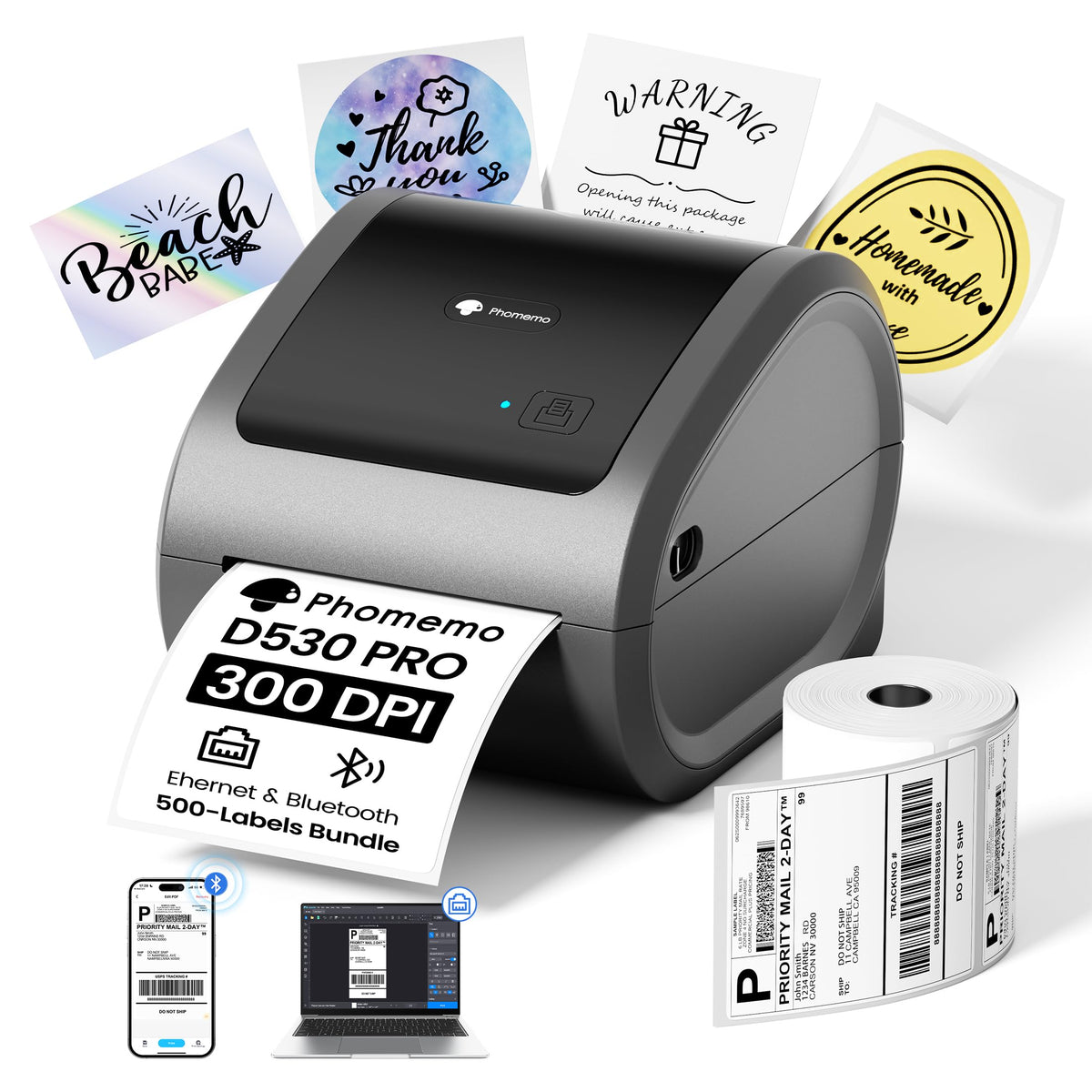 Phomemo 300 DPI 4x6 Thermal Shipping Label Printer with 500 Labels, Ethernet Bluetooth USB, High Resolution Thermal Printer for Small Business, Compatible with iOS Android Windows Mac, for USPS UPS