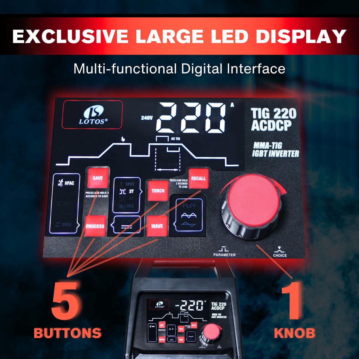 LOTOS TIG220ACDCP 220A AC/DC TIG Welder, Digital Display, 13-in-1, Pulse, Spot, Stick, HF Start, Dual Voltage 110/220V, 3 AC Waves, Aluminum Stainless Steel Welding