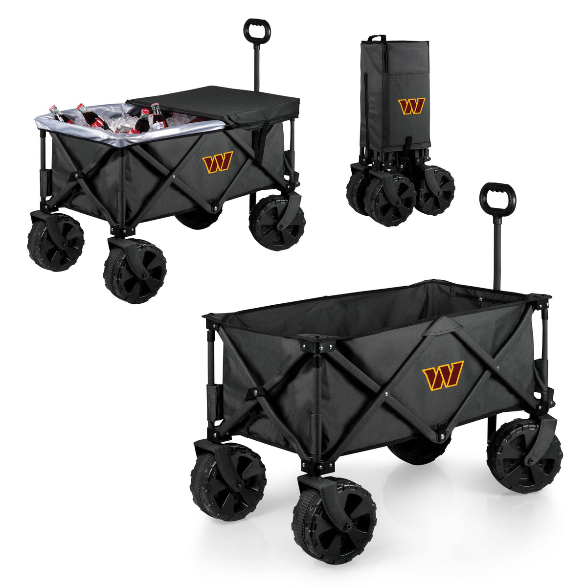 PICNIC TIME NFL Washington Commanders Adventure Wagon Elite All-Terrain Folding Beach Wagon with Big Wheels Plus Table Top Lid & Soft Cooler Liner, Collapsible Utility Wagon, (Dark Gray)
