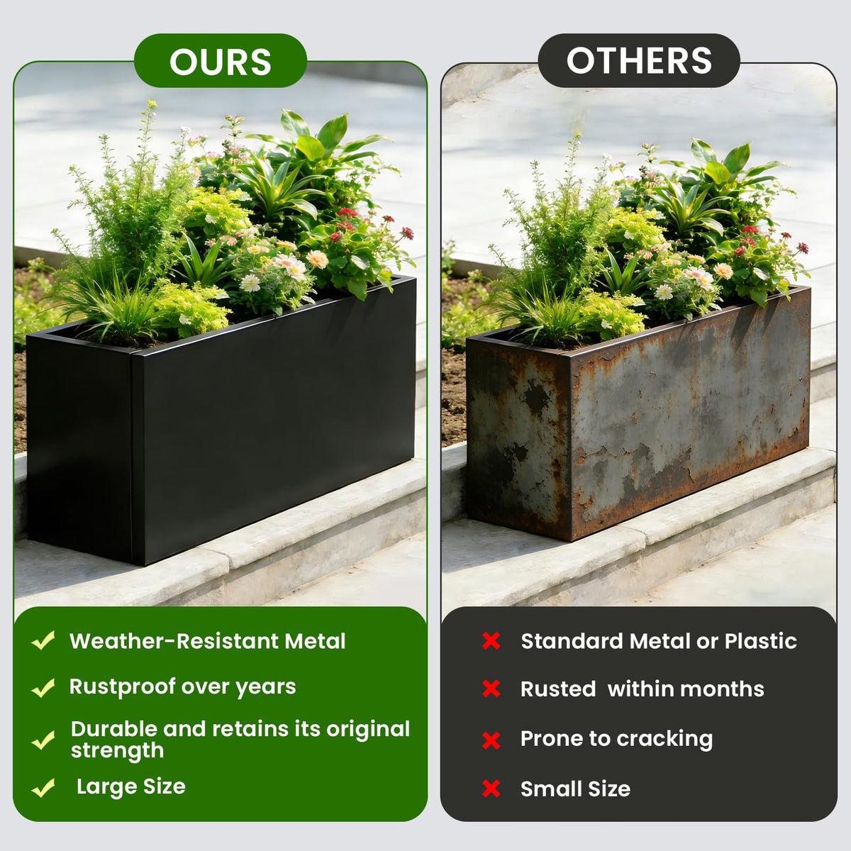 XHIKOWAT Large Rectangular Metal Planter Boxes - 35" Lx15 Wx15 H Balcony Flower Bed with Drainage Holes & Raised Bottom for Outdoor Indoor Garden Patio Porch Lawn, Black