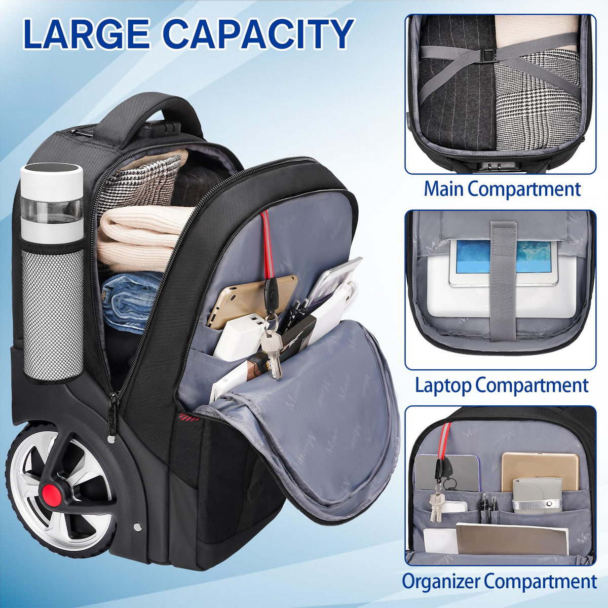 MATEIN Rolling Backpack for Men with Wheels, 17 Inch Large Wheeled Backpack with Combination Lock, Water Resistant Anti Theft Travel Laptop Backpack for Adults Work Business, Black