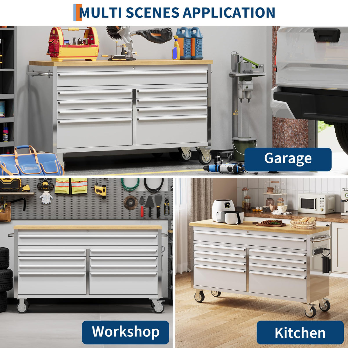 IDEALHOUSE 61 inch Rolling Tool Chest, Garage Workbench with 9 Drawers, Solid Rubber Wood Top & with Wheels Lock Key Locking, Mobile Workstation Tool Cabinet for Workshop Storage
