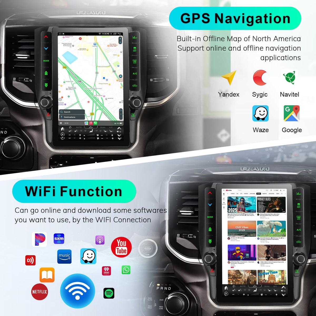 CRUIOLUT 8 Cores 4+64G Radio Upgrade,2019-2024 for Dodge Ram 1500 2500 3500 Truck Car Radio Upgrade,12 inch Vertical Touchscreen Support Wireless CarPlay Android Auto GPS Bluetooth FM SWC(12 inch)