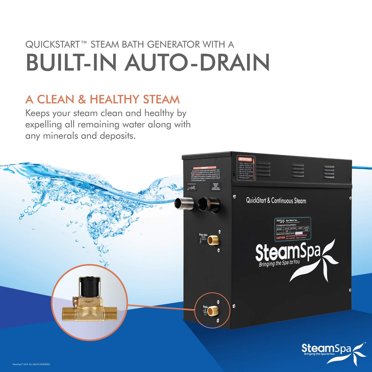 SteamSpa Generator with Quick Start Continuous Steam Technology, Wi-Fi, Bluetooth and Autodrain | 9kW Steam Generator with Brushed Nickel Steam Head with Aromatherapy Reservoir | SS-RVB900BN-A