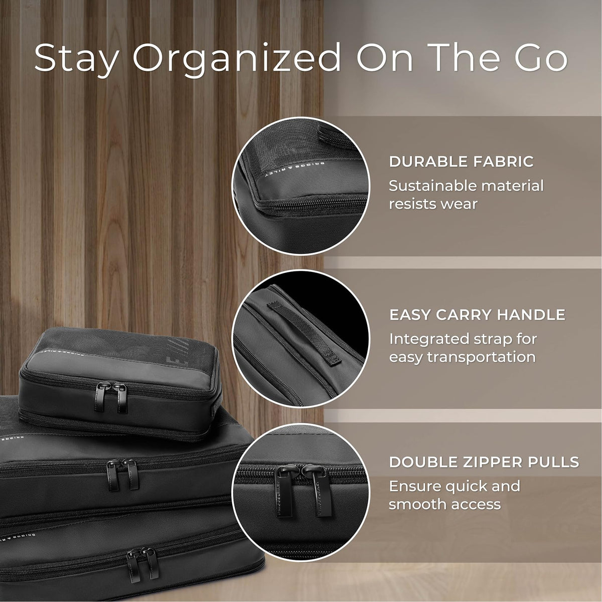 Briggs & Riley Carry On Compression Packing Cube Set - Bag Organizer for Suitcase & Luggage, Travel Essentials for Women & Men, Pack Accessories for Vacation, Maximize Storage Space - 3-Piece, Black