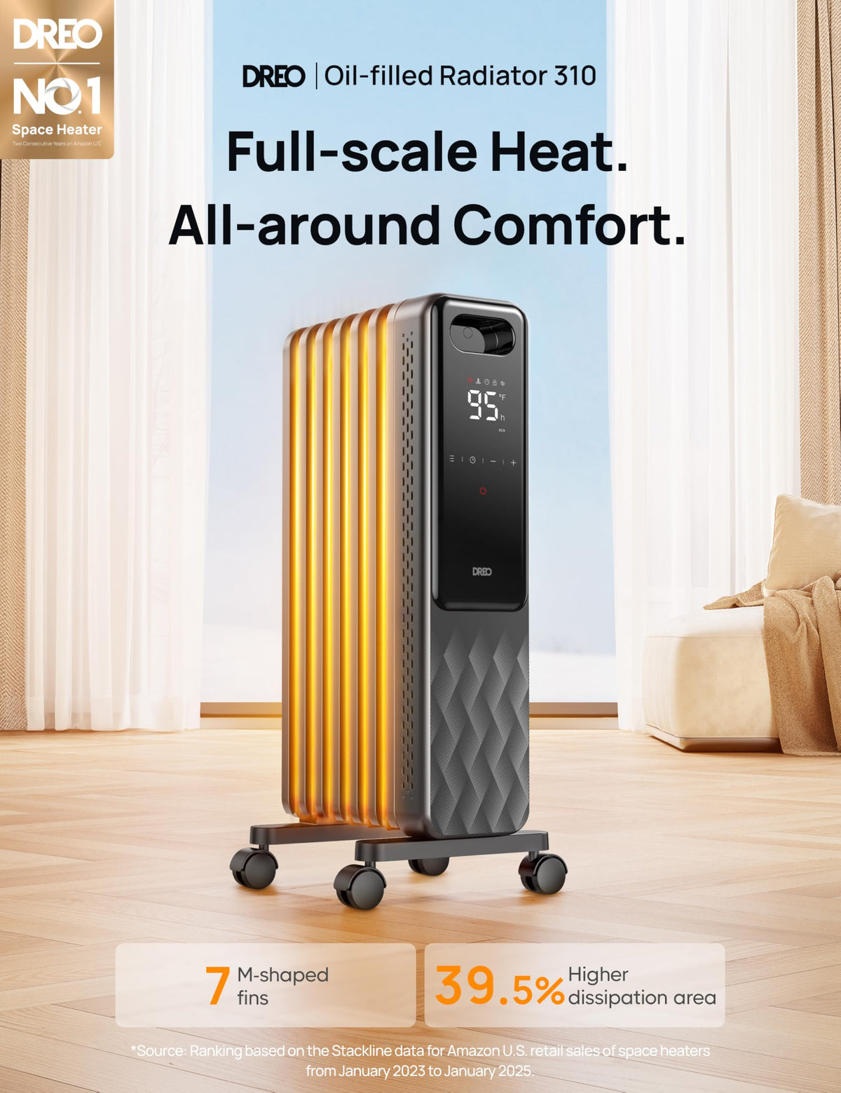 DREO Oil Filled Radiator, Electric Radiant Heaters for indoor use Large Room with Remote Control, Child Lock, 4 Modes, Overheat & Tip-Over Protection, 24h Timer, Digital Thermostat, Quiet, 1500W