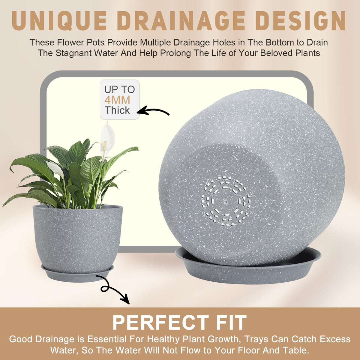 YNNICO Plant Pots 10/9/8/7.5/7 inch Flower Pots with Multi Mesh Drainage Holes, Planters for Indoor Outdoor Garden Plants and Flowers. (Gray)