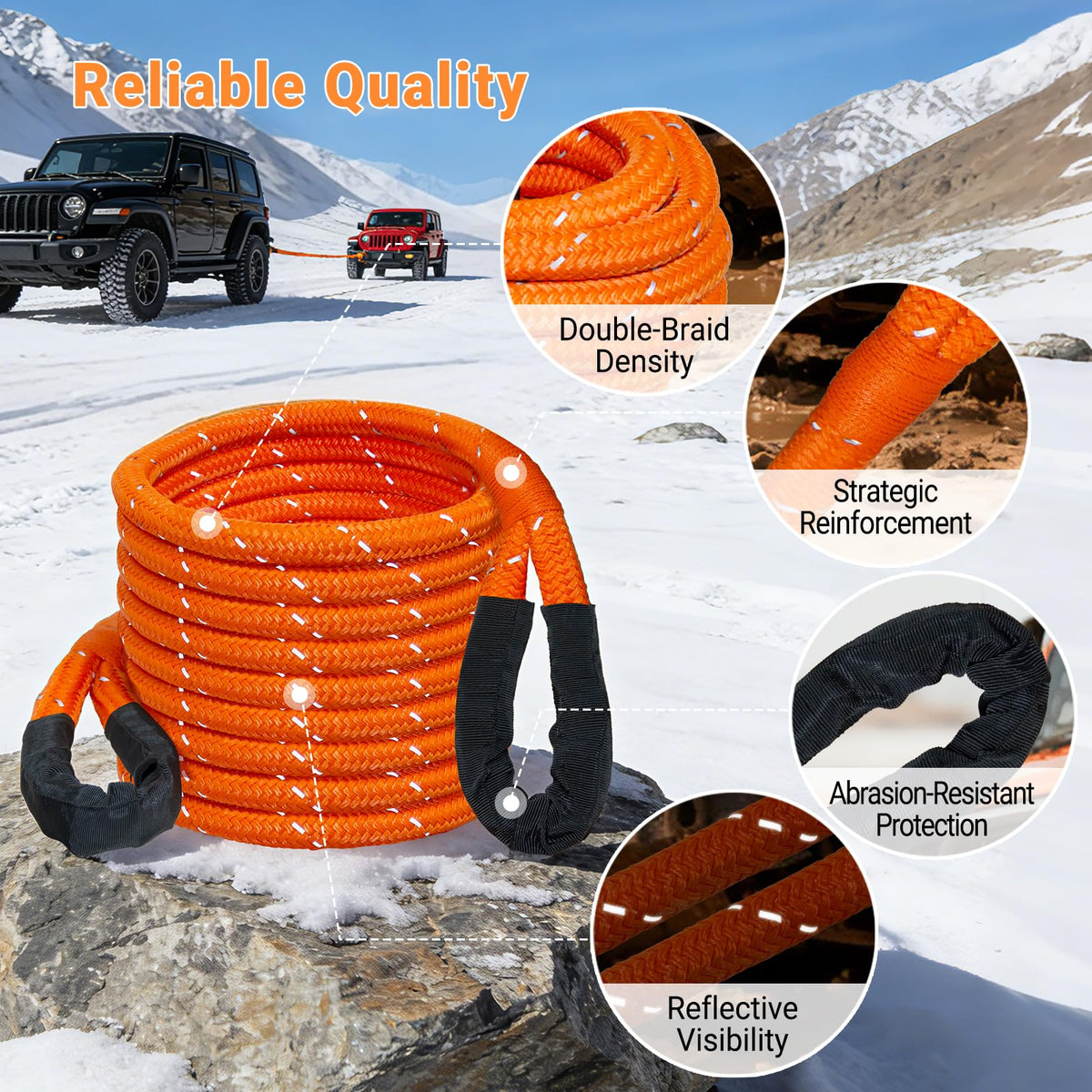 Kinetic Recovery Tow Rope Kit - 1" x 30ft 55000LBS Tow Strap with 2 Soft Shackles, Heavy Duty Kinetic Recovery Rope for Off-Road Vehicle, Jeep, Truck, SUV, UTV, ATV - Orange