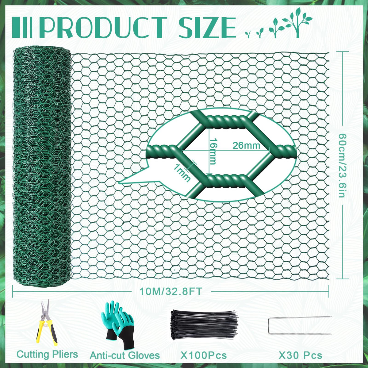 32.8ftx24In Plant Protectors from Animals,Plant Cages for Outdoor Plants,Wire Plant Protector Cage,Wire Plant Protector,Chicken Wire Cloche with Ground Stakes & Nylon Ties Protect Plants from Animals