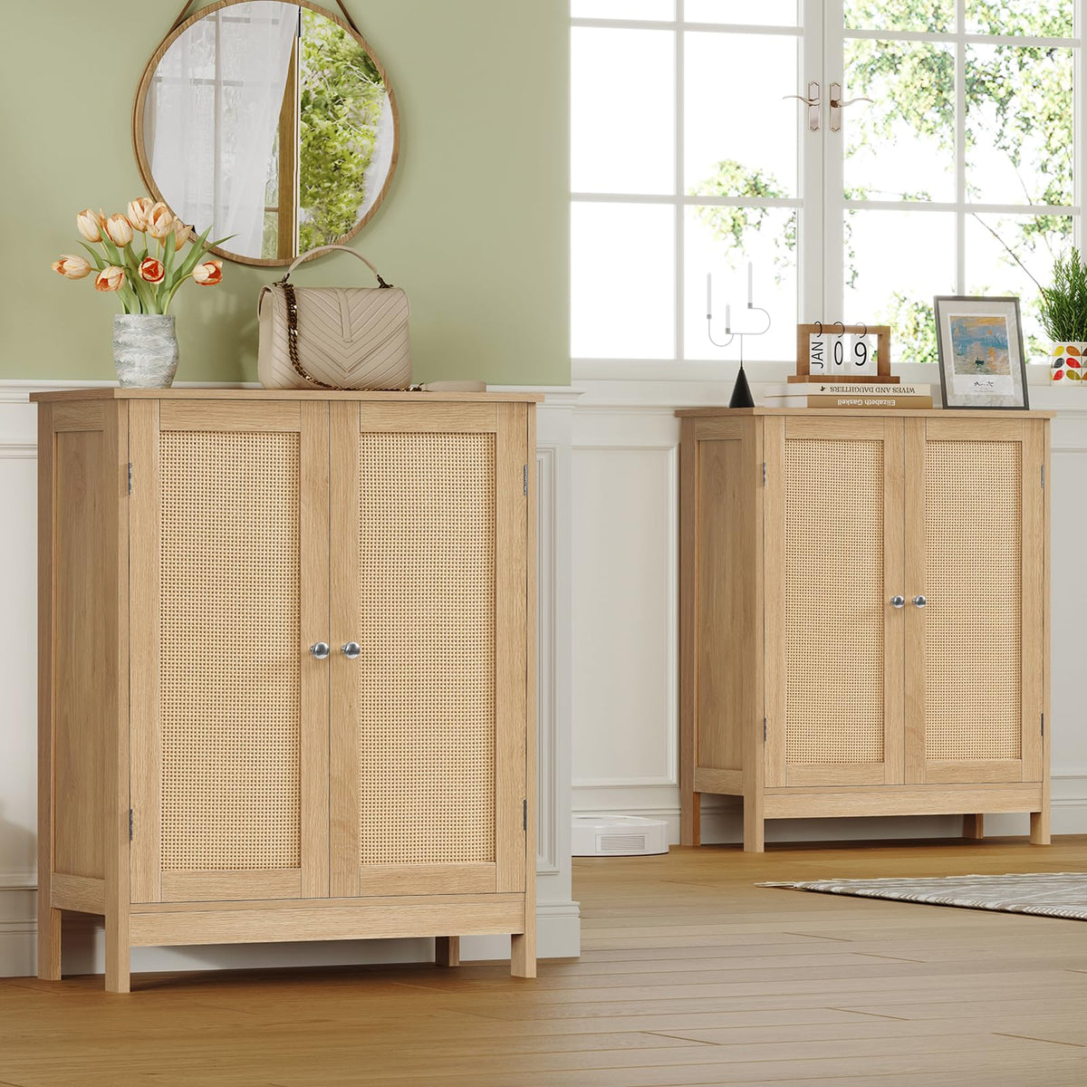 Iwell Storage Cabinet, Rattan Cabinet with Adjustable Shelf, for Living Room, Entryway, Kitchen, Home Office, Nature