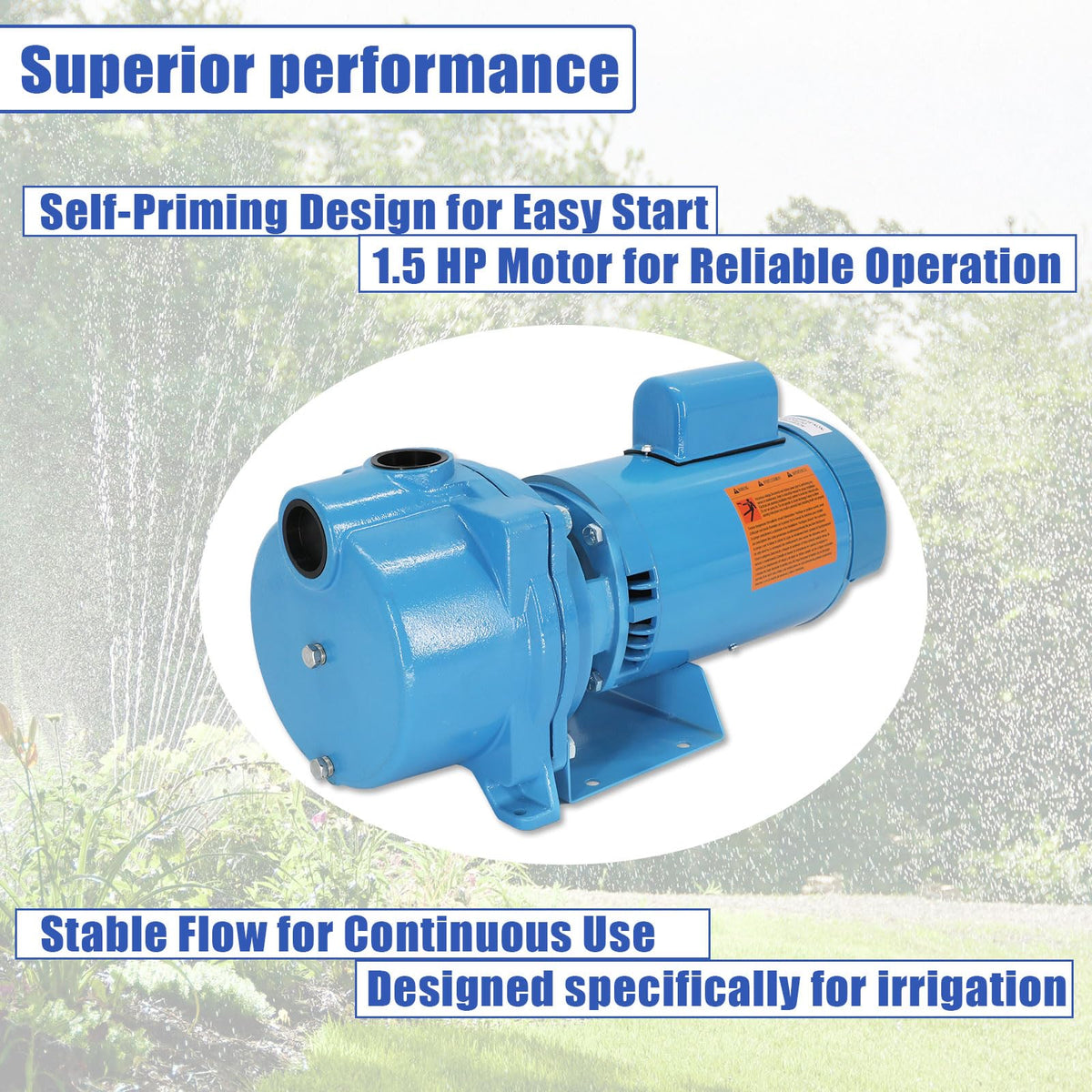GT15 Self-Priming Centrifugal Pump, 1.5HP, Single Phase Cast Iron Water Pump for Agricultural & Landscape Irrigation