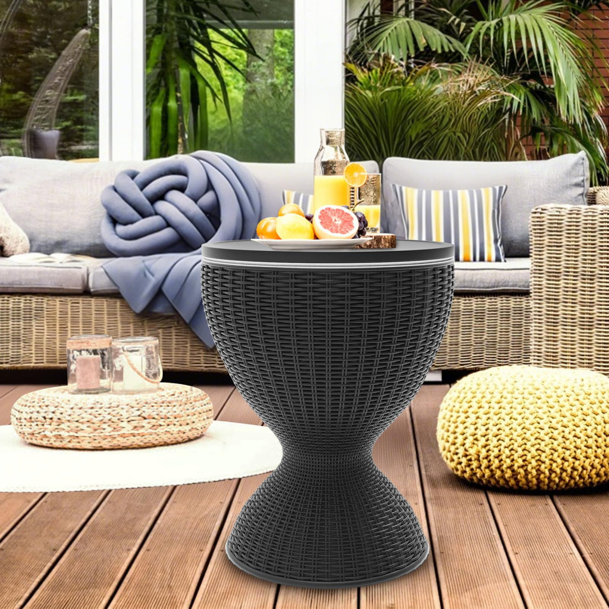 SHAREWIN Portable Outdoor Cooler Table, 8 Gallon Ice Cooler with Drainage Plug, Lift Top Lid 3-in-1 Rattan Style Patio Bar Side Table – Perfect for Parties