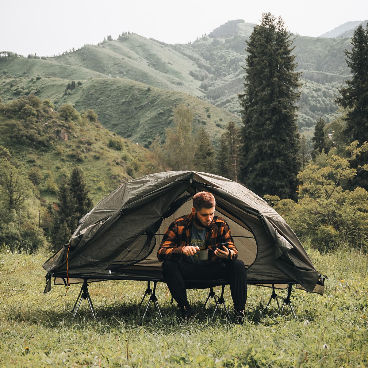 Night Cat Camping Cot Tent - Waterproof 1-Person Off-Ground Combo Cot Bed for Adults Portable Easy Set-up Tent Green 27.5'' Width