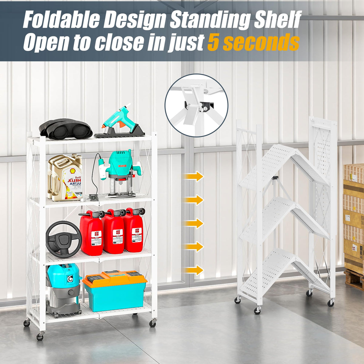 4 Tier Shelf Foldable Storage Shelf w/360° Movement Wheels, No Assemble Shelving Storage, Heavy Duty Folding Shelves, Garage Shelf Storage Organizer for Laundry, Kitchen, Utility Room(White, 4Tier)