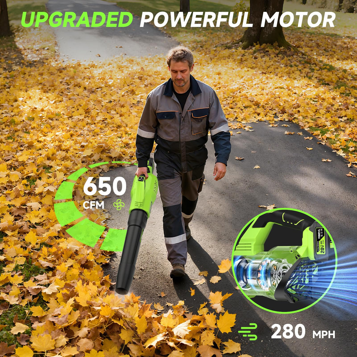 Leaf Blower Cordless, 650CFM Electric Leaf Blowers with 2 x 5.2Ah Batteries and Charger, 3 Speed Modes, 1 x Adjustable Shoulder Strap, Powerful Blowers for Lawn Care, Patio, Dust, Blowing Leaves