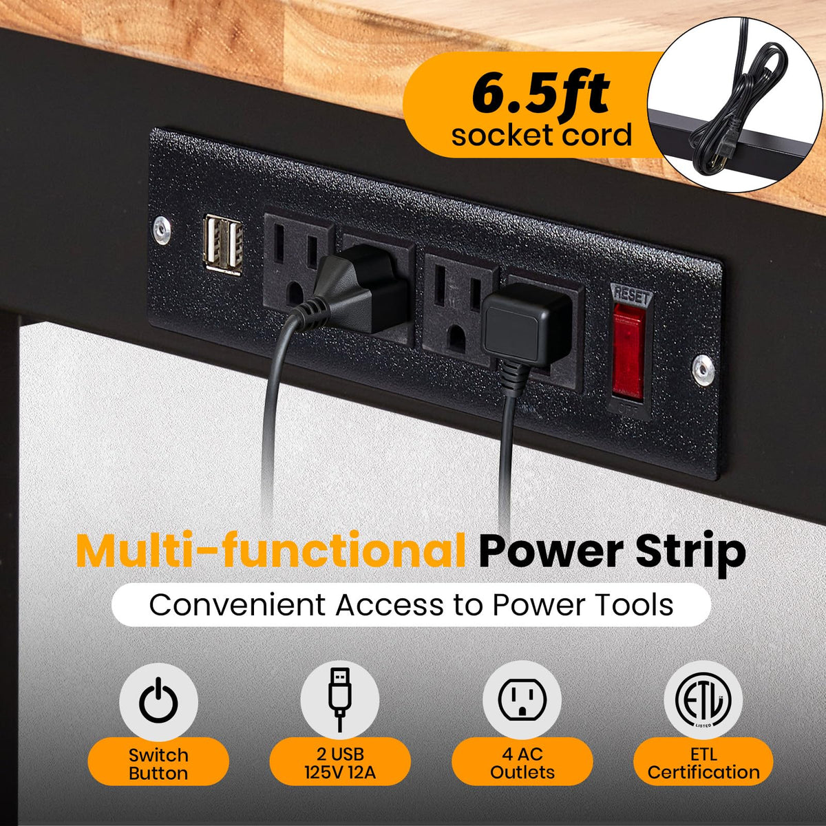 60" x 24" Heavy Duty Workbench with ETL Power Outlet, 8-Level Height Adjustment (29.5"-39.4"), Rubberwood Top with 2000 Lbs Capacity, for Garage/Workshop/Home Office, Metal Casters & Pegboard
