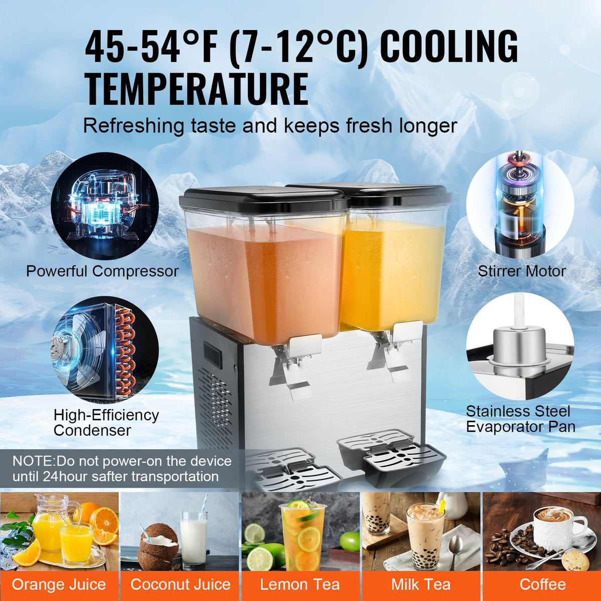 VEVOR Commercial Beverage Dispenser, 2 Tanks 18 L / 19 QT Per Tank Juice Dispenser, 370W Stainless Steel Ice Tea Drink Machine with 45°F-54°F Cooling Temperature, for Cold Drink Restaurant Bar Party