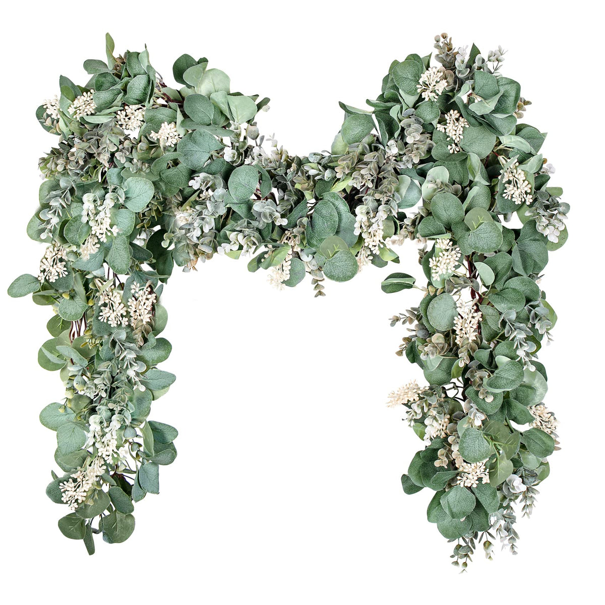 Ouddy Decor Eucalyptus Garland 6.56 Ft Lush Silver Dollar Leaves Boxwood with White Buds Artificial Faux Greenery Vines for Baby Shower Wedding Party Table Runner Room Home Mantle Decor
