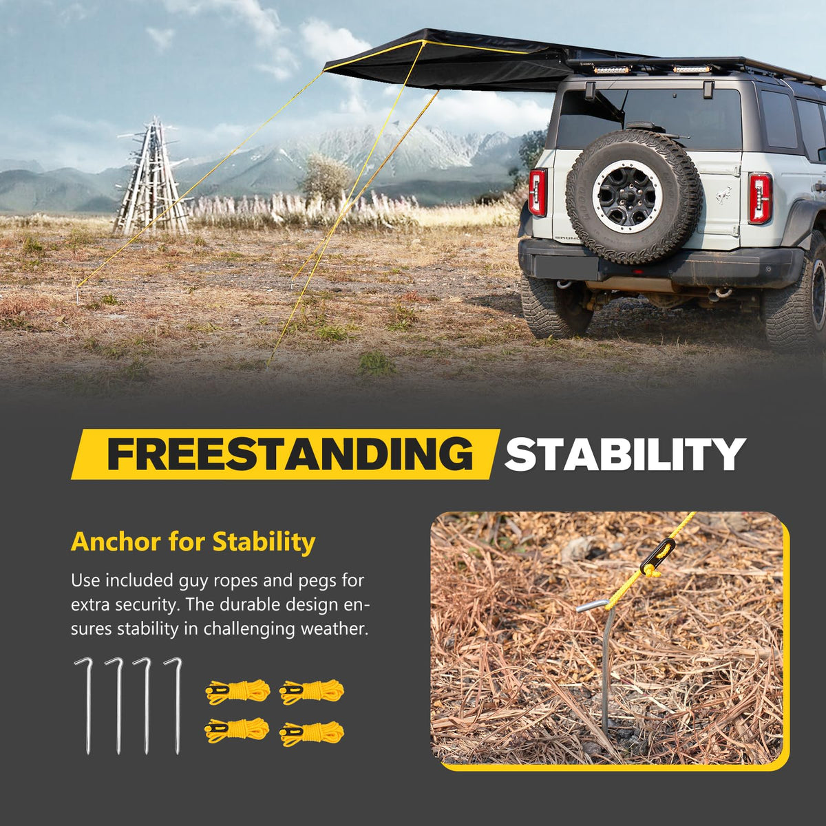 BUNKER INDUST 180 Degree Awning Free Standing, Vehicle Overland Awning Built-in LED Light - Three Colors, Car Driver Passenger Side, Waterproof Wind Resistant for SUV Van Truck Camper
