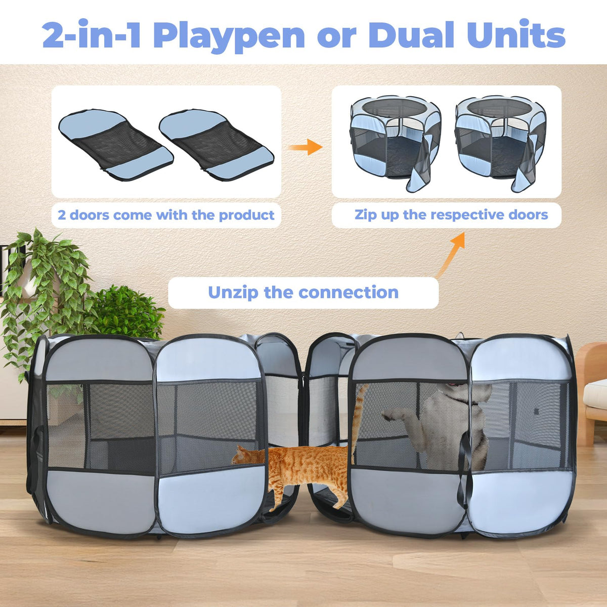 2-in-1 Cat Playpens, Detachable into 2 Separate Playpens with Additional 2 Doors, Portable Dog Playpen Cat Tent Enclosure for Kitten and Puppy Indoor Outdoor Use(S)