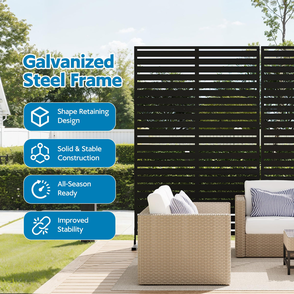 Garvee 72" H x 47" W Outdoor Metal Privacy Screen, 6FT Decorative Privacy Fence Freestanding Panels with Stand, Room Dividers, Patio Metal Screen Panel for Garden Yard Balcony Deck, Black