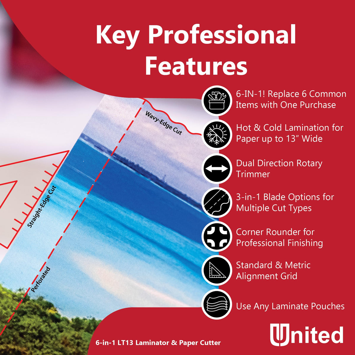 United Office Products LT13 6-in-1 Thermal & Cold Laminator with Paper Trimmer and Corner Rounder, 13” Width, Laminating Machine for Home, Office and Schools