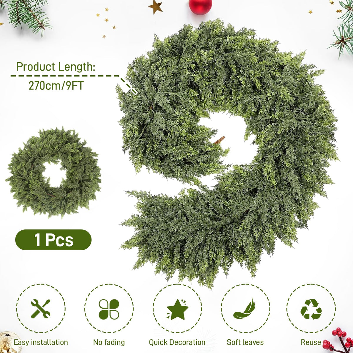 Christmas Garland, 9FT Real Touch Winter Pine Cedar Garlands for Indoor Home, Mantel, Staircase and Outdoor Decor - Perfect for Families Christmas Decorations (Christmas Cedar Garland, 9FT)