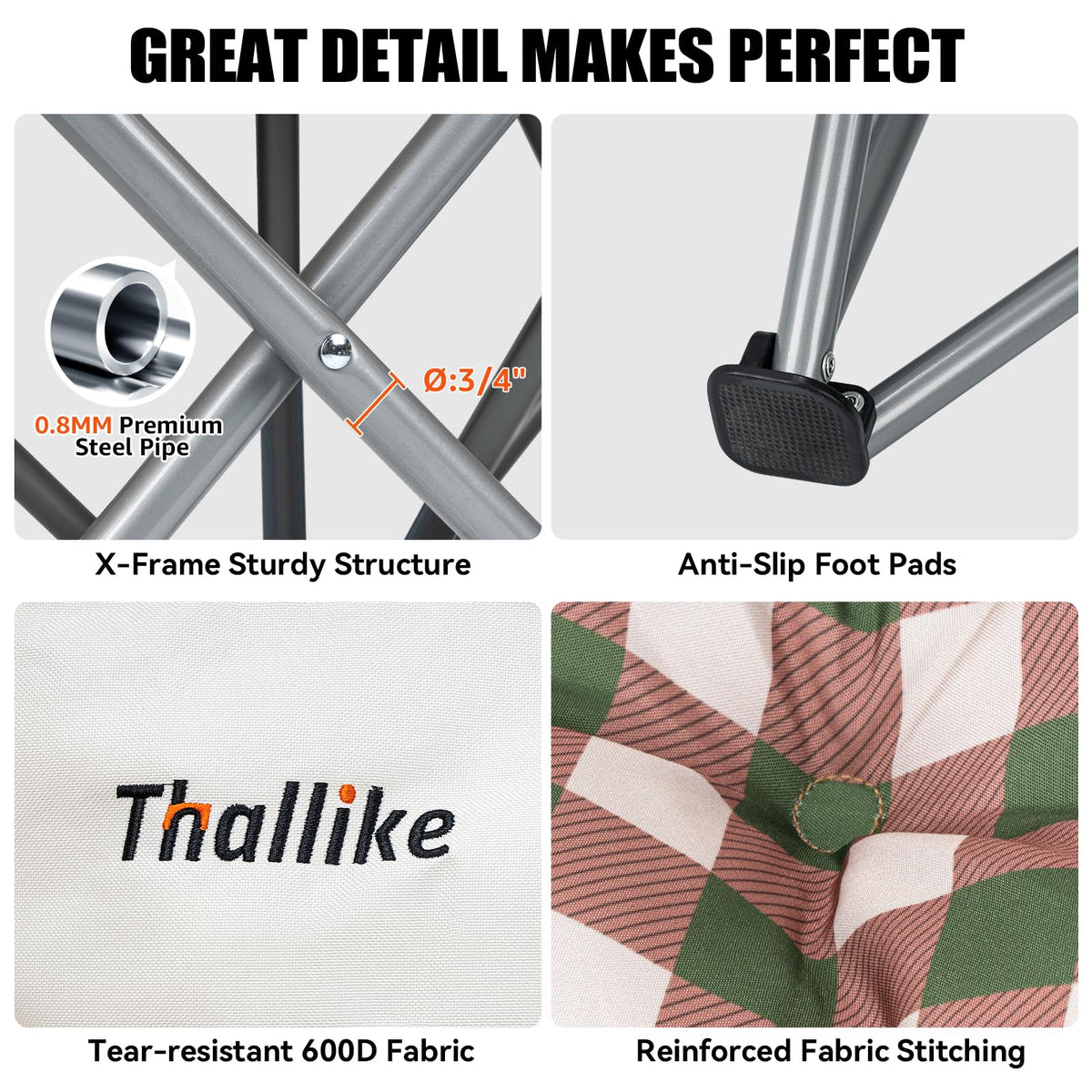 Thallike Double Camping Chair, Oversized 2 Person Camp Chairs with Cup Holders Side & Backrest Mesh Pockets Padded Loveseat Camping Chair Foldable for Outdoor Lawn Backyard Beach Support 800LB