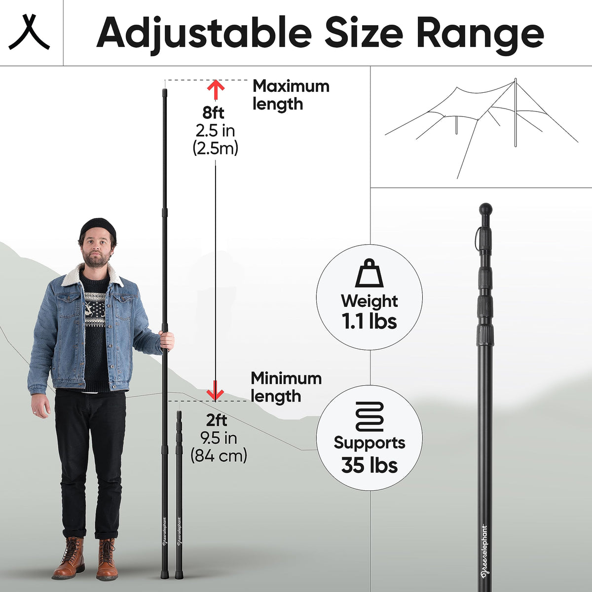 Green Elephant Camping Tarp Poles - Adjustable Aluminum Telescoping Tent Poles for Tarps, Canopy & Awning - Heavy Duty Collapsible Pole Set of 4 - Extends 8ft, Shrinks to 2ft - Caravan & Beach Shade