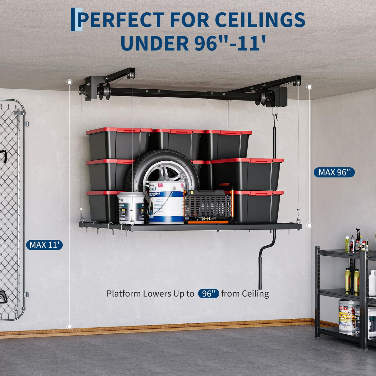 Overhead Garage Storage Rack, Adjustable 4x4 ft Ceiling Mounted Storage Racks with Dual Locking Safety System, 350 Lb Capacity Overhead Garage Storage Rack for Garage Ceiling Storage, Great for Bins